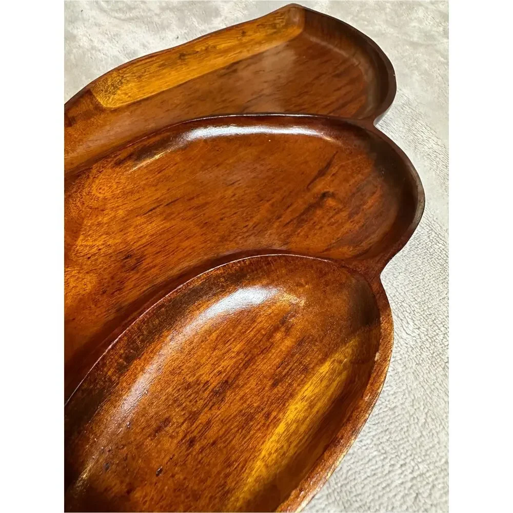 Vtg Mid Century Wood Leaf Divided Serving Platter 3 Section Tray Handle 20
